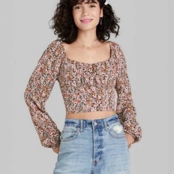 Wild Fable floral boho smocked puff sleeve cropped top size XL brown - Picture 4 of 11
